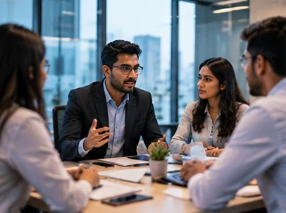 Business consultant discussing requirements with a team in a bright office (illustrative photography)