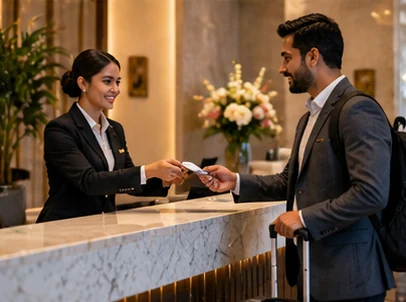Hotel reception staff assisting a guest at check-in (illustrative photography)