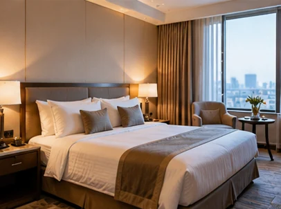 Comfortable hotel guest room with city views (illustrative photography)