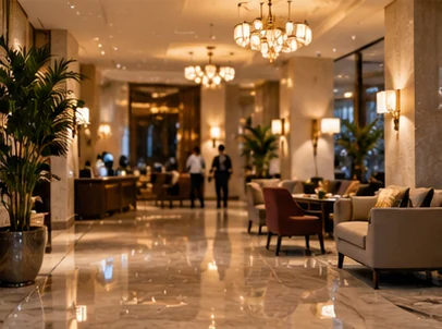 Bright modern hotel lobby and guest lounge (illustrative photography)