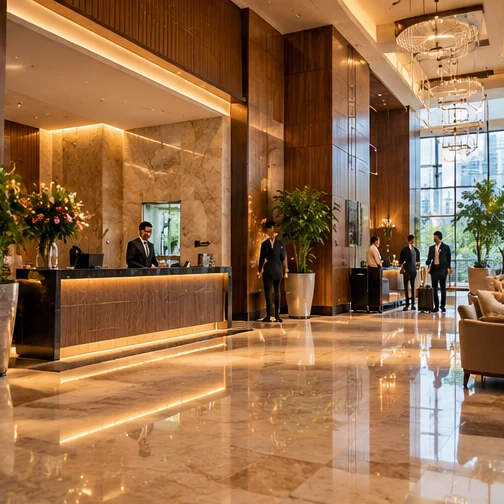 Elegant hotel reception lobby with a marble floor (illustrative photography)