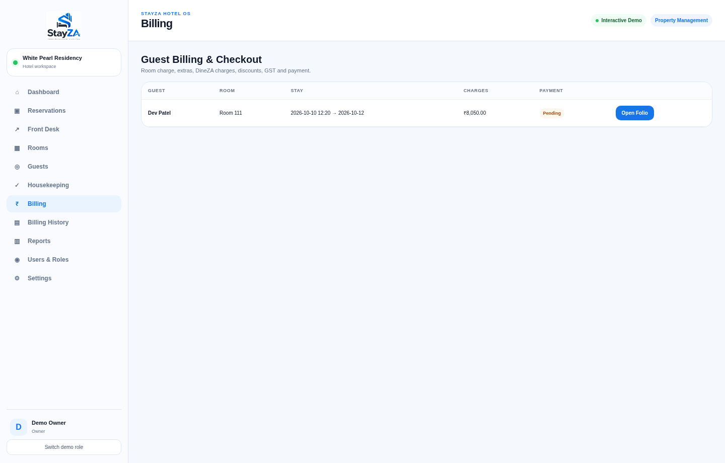 STAYZA demo: Guest billing view