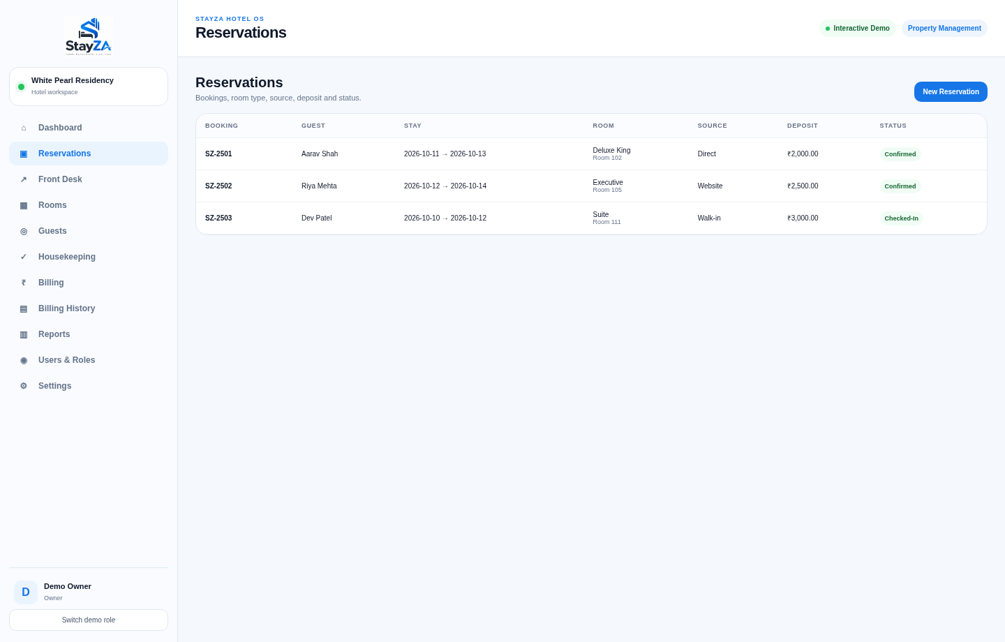 STAYZA interactive demo Reservations interface